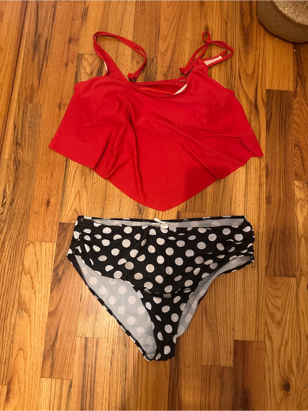 Chic Soul Red Tankini Top with Black and White Polka Dot Bottoms